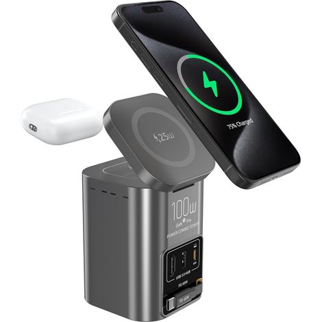 Tour de Charge 6 en 1, Station de Charge GaN 100W avec Chargeur sans Fil Qi2.2 25W, Câble USB-C Rétractable 65W, Port USB-C 65W, HDTV 2.1 8K et Hub USB 3.0 (1/5)