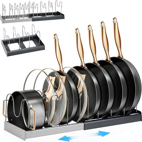 Rangement Poele, Extensible Porte Casseroles Support, Tiroir Organiseur de Poêle, ABS, range couvercle Avec 10 Séparations Réglables, Pour rangement ustensiles de cuisine (1/5)
