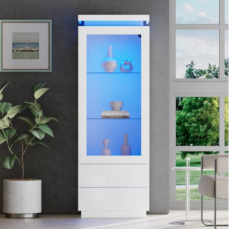 Vitrina alta 60x40x171 cm blanca en tablero de partículas con LED y 2 cajones