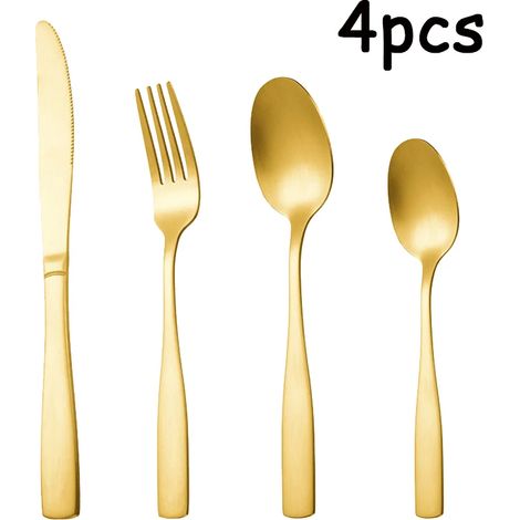 Ensemble de couverts en acier inoxydable (4 pièces, doré), ensemble de couverts haut de gamme à manches carrés dorés (1/5)