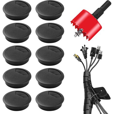 Passe-câbles pour bureau et gaines - Noir - 10 × Passe-câbles en plastique de 60 mm avec 1 scie cloche + tuyau de câble à fermeture automatique de 3 m + clips de câble (1/5)