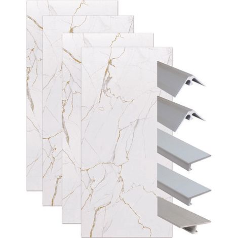 ONDEE ZEN - Pack montage 4 panneaux muraux en niche - marbre blanc 200 cm - profilés chromés (1/4)