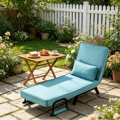 Fauteuil convertible 65x78x75 cm bleu en lin et métal 3 en 1 avec dossier réglable (1/4)