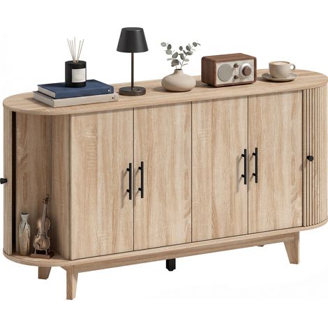 Buffet salon, meuble de rangement ovale avec 4 portes et 2 étagères réglables, 147x40x76cm, chêne (1/5)