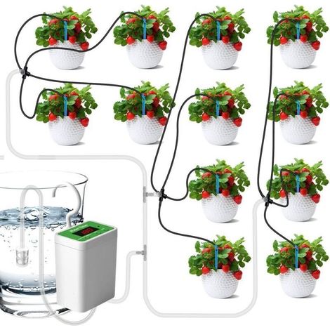 Kit de riego automático por goteo, sistema de riego automático de 12 unidades para plantas de interior, pantalla LED y sistema de goteo recargable por USB. (1/4)