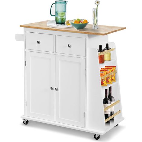Carrito de cocina con ruedas 88 x 46 x 90 cm amplio espacio de almacenamiento estilo moderno y práctico madera de caucho blanca 200011646