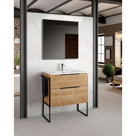 Mueble Baño al Suelo con Lavabo Cerámico  2 cajones con Cierre Amortiguado y Organizador  60 cm Roble Natural (1/5)