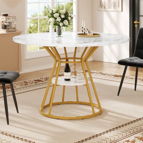 Runder Esstisch 100x100x76 cm Gold in MDF und Metall mit Marmoreffekt und Ablage (1/5)