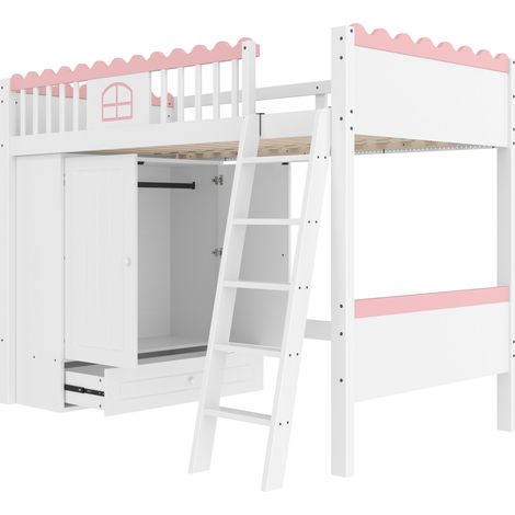Cama alta infantil 90 x 200 cm con LED, armario y cajón, pino y MDF, blanca (1/5)