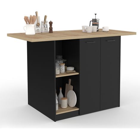 Mittelinsel BAO 140 cm 4 Personen schwarzes Holz mit Arbeitsfläche in Buchenholzoptik