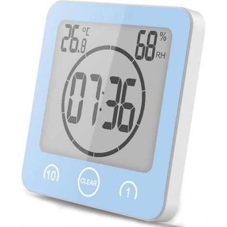 Badezimmeruhr, wasserdichte Touch-Control-Duschuhr, LCD-Digitalalarm, Thermometer-Hygrometer, Countdown-Timer, batteriebetrieben, für Make-up-Küche (blau) (1/5)