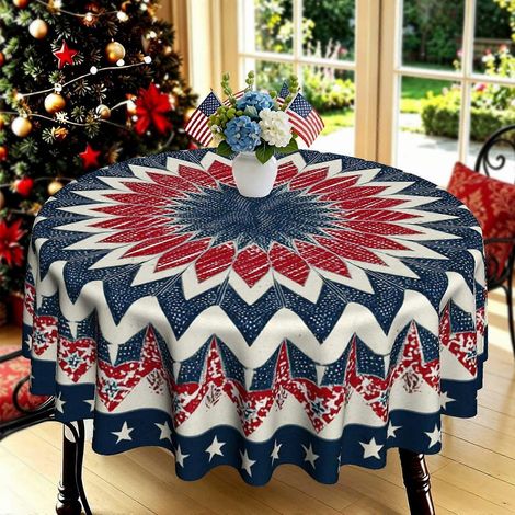 Nappe imprimée 2D style drapeau américain vintage rouge, blanc et bleu à étoiles rayonnantes (1 pièce) Nappe polyvalente pour la maison, la cuisine, le jardin et les vacances (1/4)