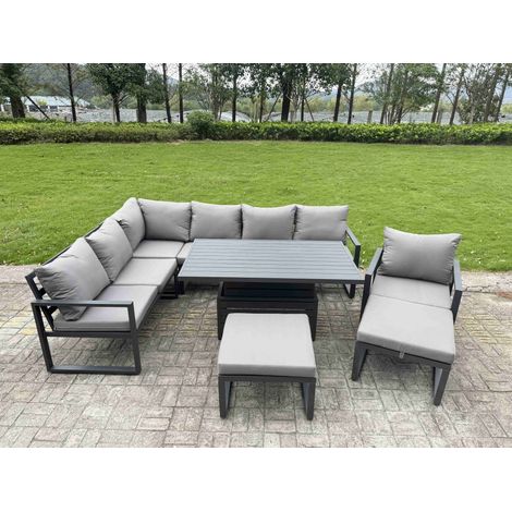 Fimous Aluminium Garden Furniture Sets,9 Seater Outdoor Conversational Dining Set with Adjustable Rising Lifting Dining Table,2 Big Footstools Dark Grey (1/5)