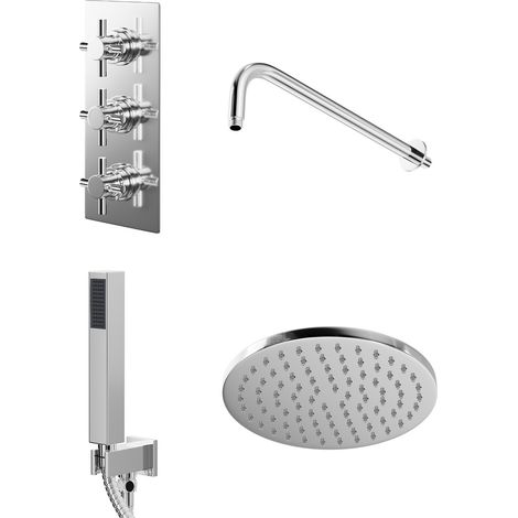 Wholesale Domestic Cross Polished Chrome Triple Thermostatic Valve Mixer Shower with Round Fixed Head and Square Handset Outlet Holder - 2 Outlet (1/5)