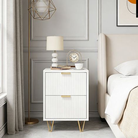 Comodino set di 2, con 2 cassetti, piedi in acciaio inossidabile, stile moderno, per camera da letto, soggiorno, bianco (1/5)