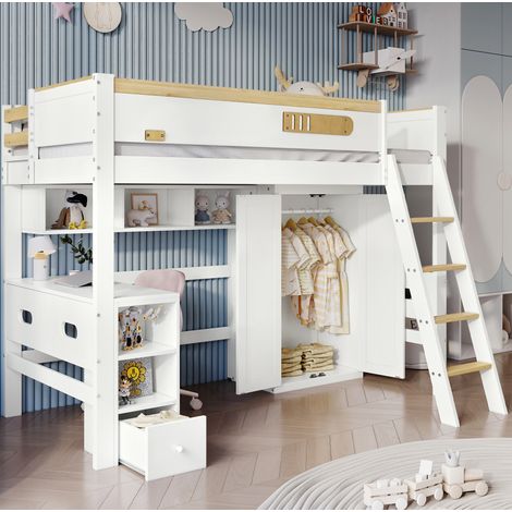 Lit mezzanine enfant en pin, MDF et contreplaqué blanc et naturel 90x200 cm avec bureau et armoire (1/5)