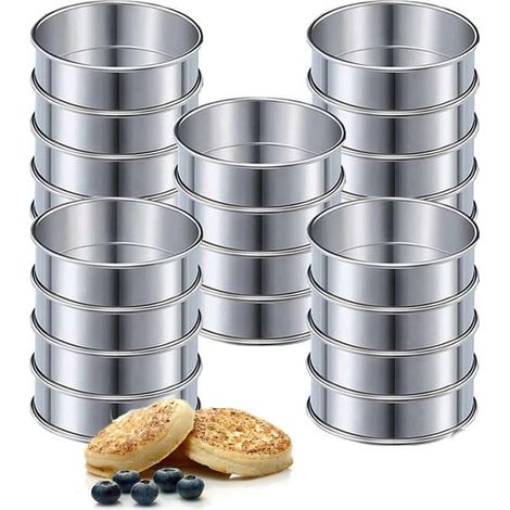 Pack of 20 Non-Stick Tartlet Circles, 10 cm, Stainless Steel Muffin Moulds, Cake Rings, Double Rolled Circles for Muffins Mousse Pies Cakes Crumpets (1/5)