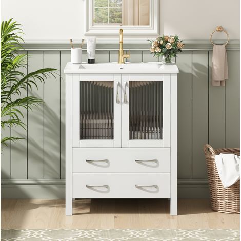 Meuble vasque salle de bain 61x47x86 cm en MDF blanc brillant avec rangements – MEUBLIV (1/5)