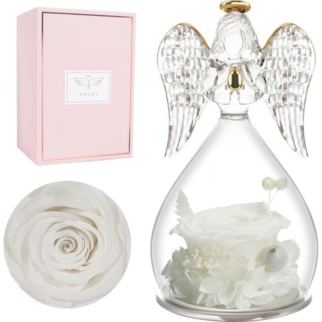 Engelfigur Ewige Rose Glaskuppel Geschenk Muttertag Weiß (1/5)