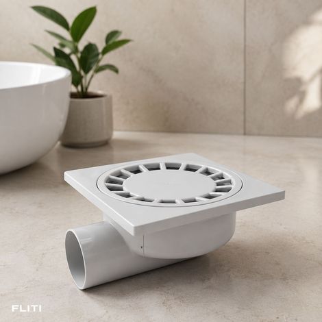 FLITI Square Floor Drain 200x200mm White PVC with 75mm Horizontal Outlet for Shower (1/5)