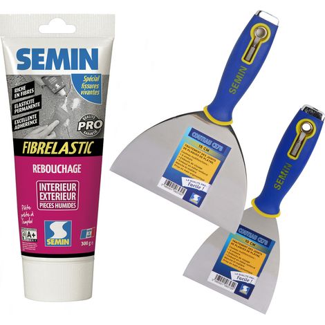 Enduit de rebouchage élastique pour fissures vivantes Fibrelastic Semin - intérieur/extérieur - tube de 300 g, un couteau à enduire - 10 cm et 15 cm (1/5)