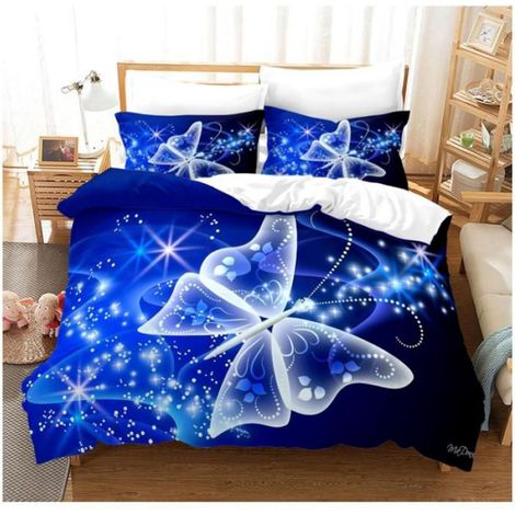 Housse de couette Microfibre papillon Bleu,Housse de couette papillon fantaisie Parures de lit papillons 3D 2 Taies 200x200cm - 97B (1/3)