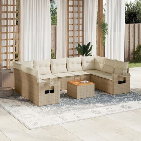 vidaXL Set Divano da Giardino 10 pz con Cuscini Beige in Polyrattan (1/3)