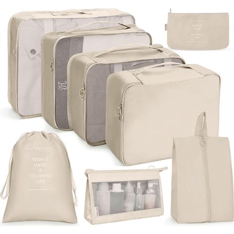 Ensemble de 8 organisateurs de bagages beiges pour ranger vêtements, chaussures et accessoires en voyage.-AquaForge (1/5)