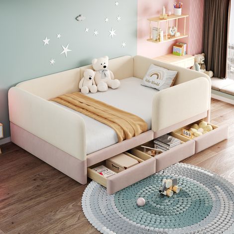 Letto per bambini 140x200 cm imbottito in velluto beige e rosa, con sponde morbide, angoli arrotondati e 3 cassetti contenitore per la cameretta  FLORAGRACE (1/5)