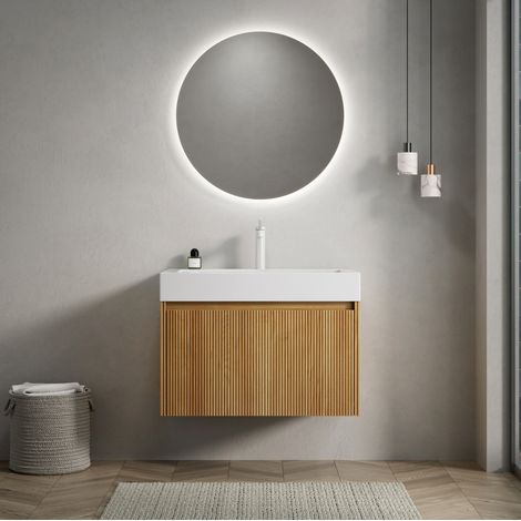 Meuble lave-mains suspendu 70 cm en résine et bois finition chêne naturel, vasque intégrée blanche, 1 tiroir (1/5)
