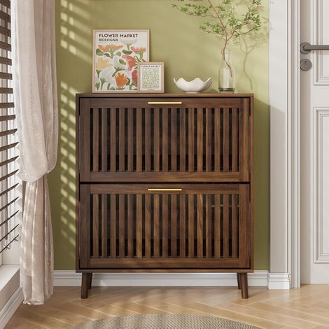 Meuble à chaussures, Meuble d'entrée gain de place avec 2 portes abattantes, Style vintage du milieu du siècle en MDF et pieds bois 80x24x93 cm, Noyer