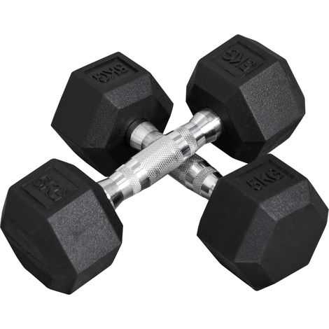 Set di manubri esagonali 2 x 5 kg in ghisa rivestita in gomma nera HOMVRA (1/5)