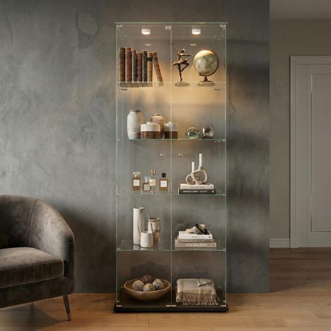 Vitrine en verre trempé avec LED, Armoire vitrée, Vitrine collection, 5 Niveaux，2 porte, verrouillable, étanche à la poussière, Convient pour salon, bibliothèque - Noir