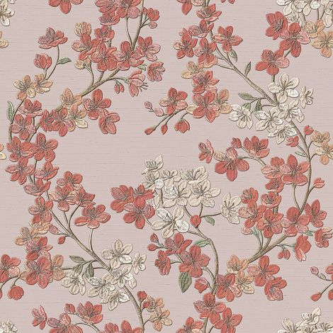 Blumen Tapete Profhome GR322204-DI heißgeprägte Vliestapete mit floralen Ornamenten schimmernd rosa lachs-orange beige-rot hell-grün 5,33 m2