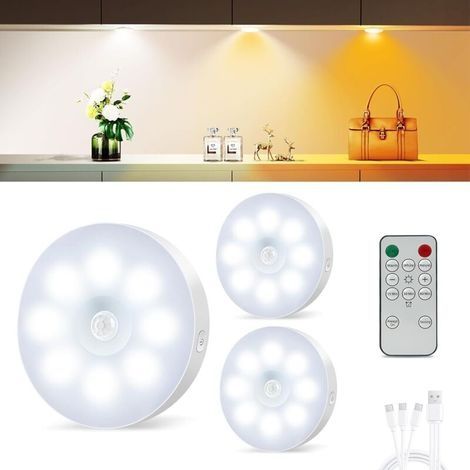 Lampe Detecteur de Mouvement Interieur Rechargeable USB,Lot de 3Lampe de Placard sans fil,Luminosité Réglable avec 3 Couleurs,veilleuse led avec Télécommandes Pour chambre,Cuisine,Escalier Coulo (1/4)