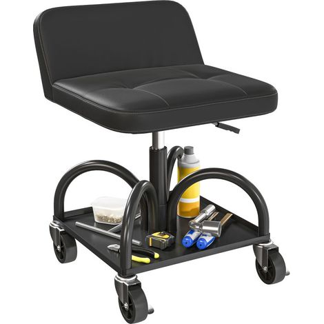 Tabouret d'atelier à roulettes avec plateau de rangement, hauteur 58,5 cm, charge maximale 135 kg, noir
