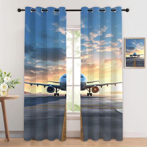 Rideau Occultant Avion - Décoration Avion, Rideau Thermique Motif Coucher de Soleil, Lot de 2 Rideaux Opaque à Oeillets pour Fenetre Chambre Salon Chambre Enfant, 140x160 cm (LxH) - 2x L 140 X H 160 c (1/5)