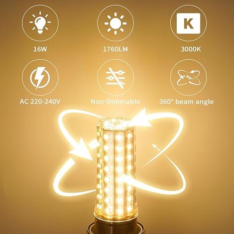 Ampoule LED E27 Blanc Chaud 3000K 1760LM, 16W Équivalent 150W Lampe Halogène, Ampoules LED Intérieur e27 AC 220-240V, Non-dimmable, Gros Culot à Vis Maïs,Lot de 6 (1/4)