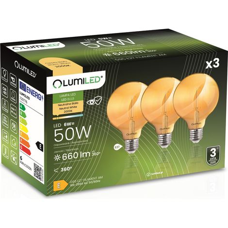3x LED-Lampe E27 Kugel G95 6W = 50W 660lm 2000K Warmweiß 360° Bernsteinfarbenes Glühfadenlicht