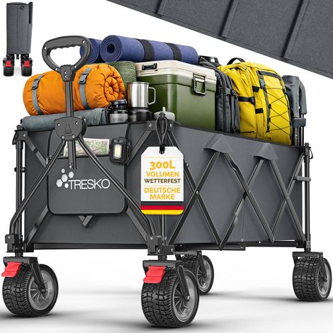 TRESKO® Bollerwagen faltbar 300L mit Bremse Anthrazit Handwagen klappbar 150kg inkl. Vollgummireifen Faltbarer Strandwagen mit Extra Breite All-Terrain-Räder Gartenwagen Transportwagen mit Tragetas (1/5)