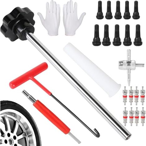 Kit de 24 outils pour valves de pneus, comprenant un extracteur de valve, une clé à crochet et un outil de réparation pour valves en caoutchouc TR413 et TR414, idéal pour les voitures, motos et vélos. (1/4)