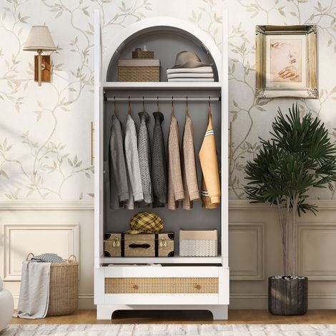 Armoire 70 x 55 x 170 cm, modèle à double porte, avec tiroirs et étagères, portes en rotin synthétique, blanche (1/4)