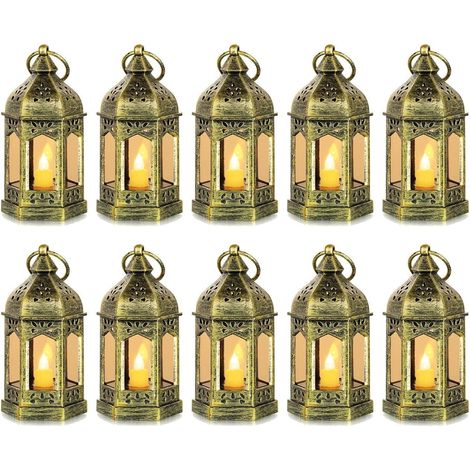 Mini Lanterne LED Exterieur - Lot de 10 Lanterne Bougie doré Decorative Bougeoir pour Halloween, Mariage, Noel, Decoration de Table, Piles Incluses (1/5)