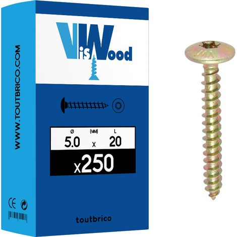 Vis de penture empreinte Torx acier zingué bichromaté entièrement filetées, diamètre 5 mm, longueur 20 mm, boîte de 250 vis - VISWOOD (1/2)