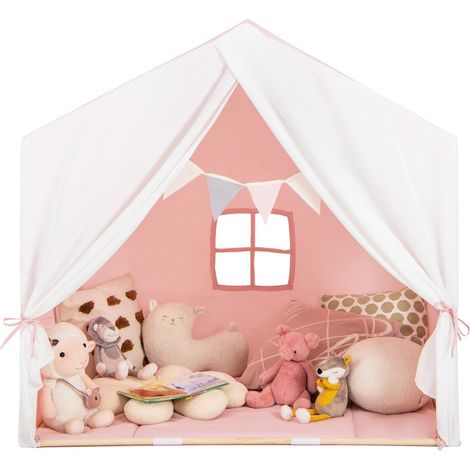 Tenda da gioco per 3 bambini 131 x 91 x 131 cm morbido tappetino lavabile atmosfera accogliente design in legno di pino rosa 200020026