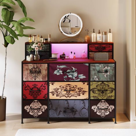 Tocador retro con espejo, LED y 13 cajones. Cómoda multicolor con USB para dormitorio o salón. 110 x 28 x 97 cm. (1/5)