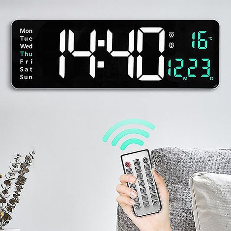 Grande horloge murale numérique avec télécommande, affichage de la température, de la date et du jour de la semaine, fonction mémoire en cas de coupure de courant, double alarme et affichage LED. (1/5)