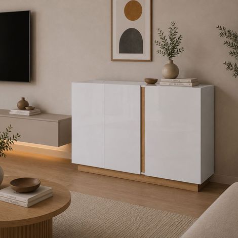 Aparador Hala, Alacena 3 Estantes, Puerta Batiente, 3 Puertas, 138x40x91h cm Blanco Brillante (1/3)