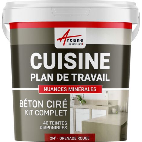 Béton ciré cuisine, plan de travail, crédence, évier sol et mur revêtement mural décoratif kit complet - 2 m² (en 2 couches) Grenade Rouge - ARCANE INDUSTRIES