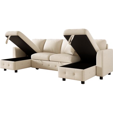 Sofá cama en U de chenilla beige con 2 chaise longues con almacenaje, USB y Type-C, 260 cm (1/5)